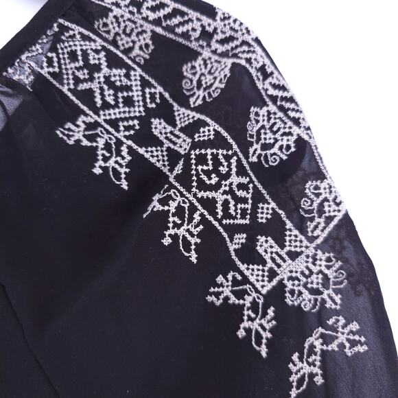 AEO American Eagle Boho Peasant 70s Black Sheer Embroidered Blouse Rope Tassel M - Picture 12 of 13